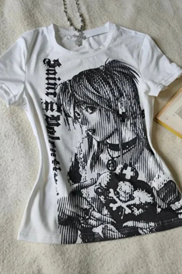 Beyaz Vintage Anime Misa Amane Saint Gotik Y2K Kısa Kollu T-Shirt
