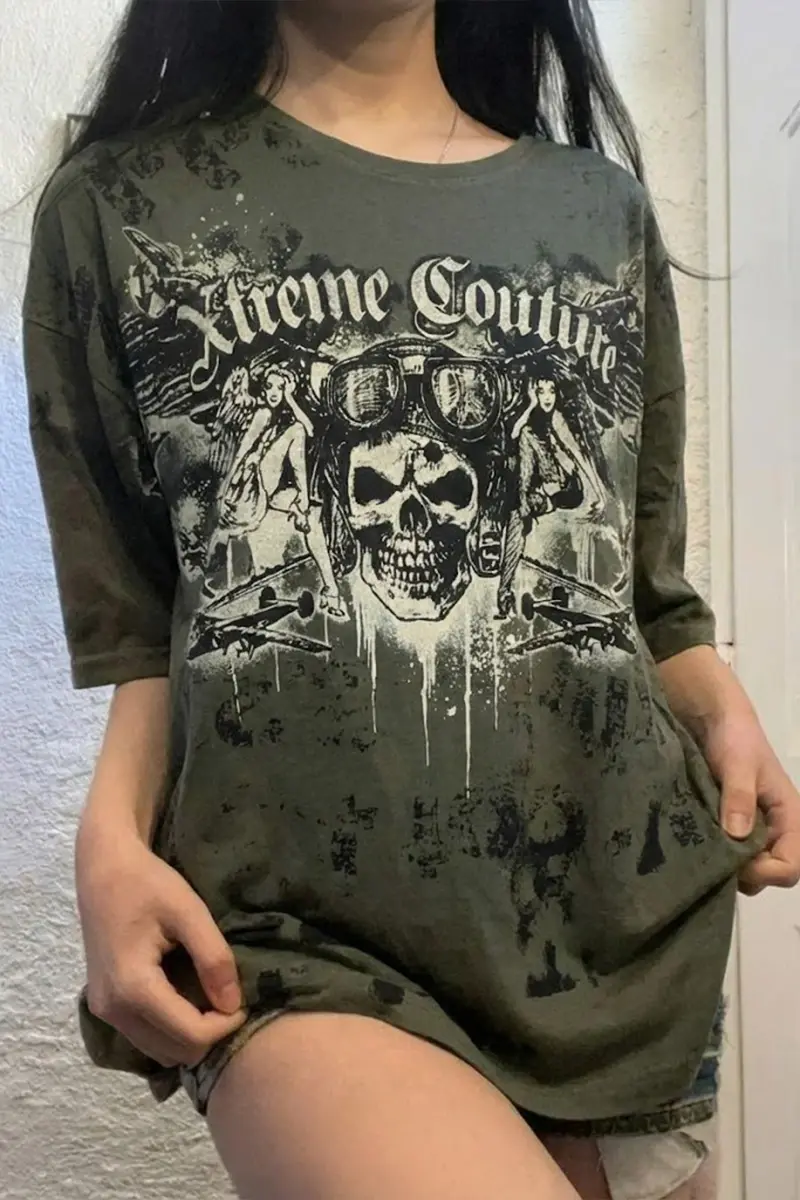Haki Yeşili Flyboy Skull Cyber Grunge Unisex T-shirt