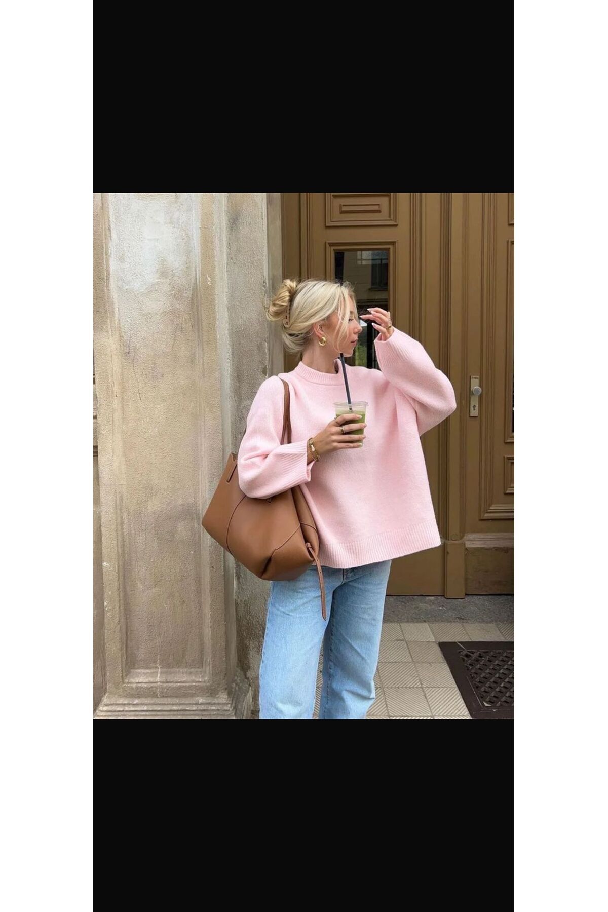 Bisiklet yaka oversize triko Pinterest geniş kesim kazak Pembe - S