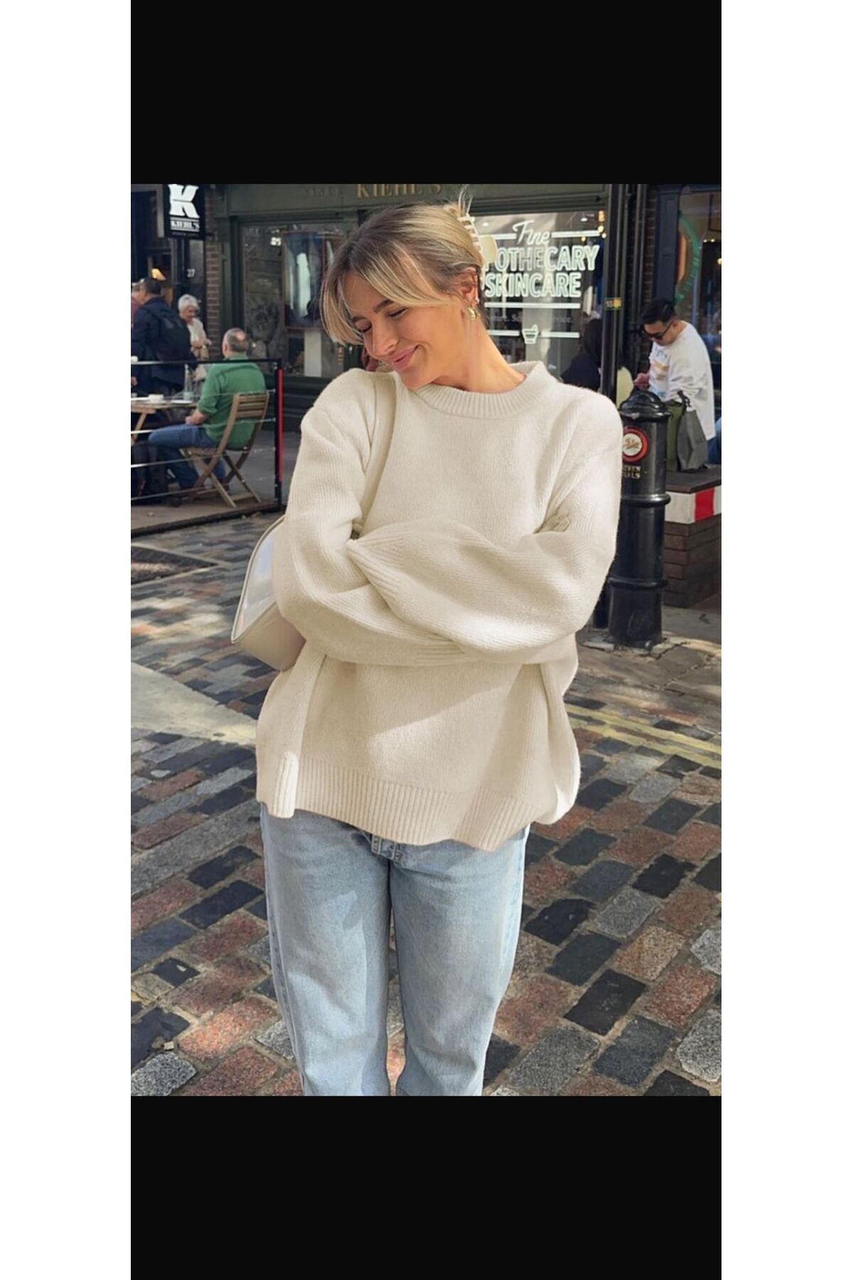 Bisiklet yaka oversize triko Pinterest geniş kesim kazak Bej - M