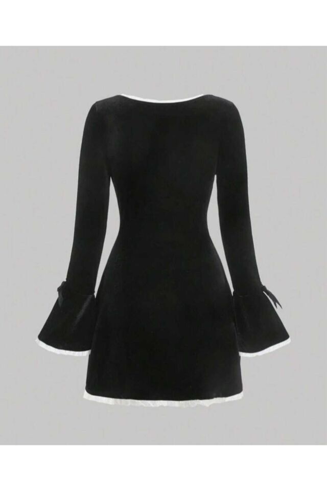 Coquette Lolita kurdele detay İspanyol kol uzun kollu elbise Siyah - 2XL