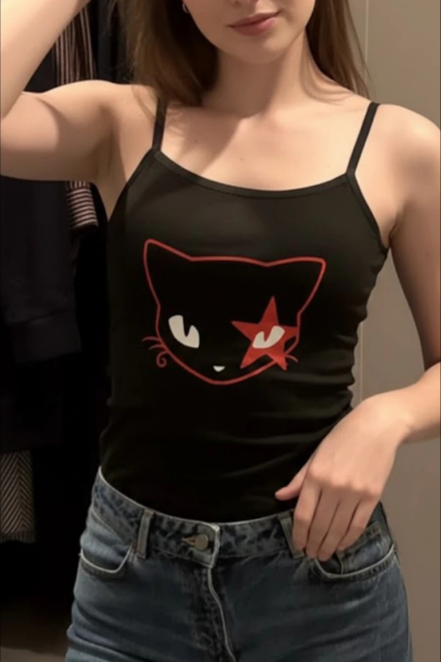 Siyah Red Eye Cat Face Askılı Crop Top
