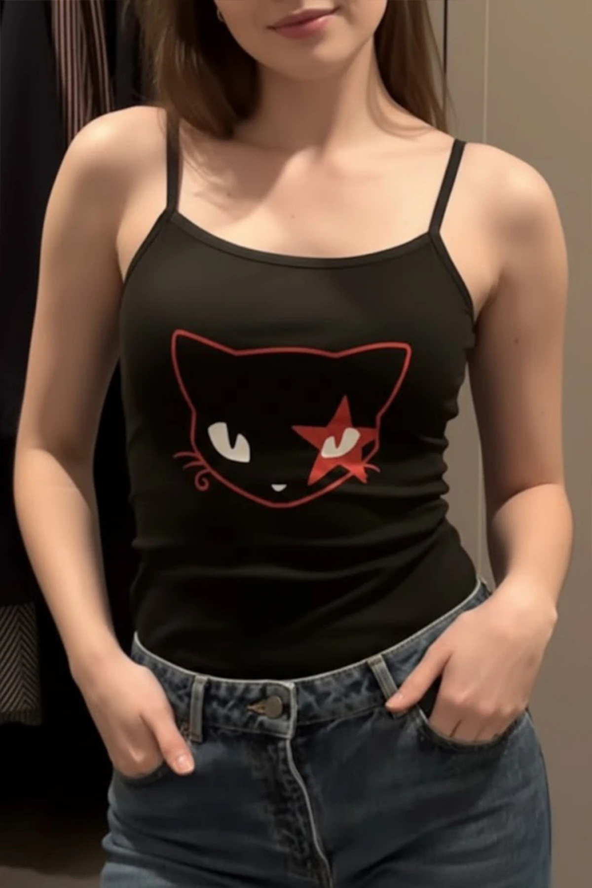 Siyah Red Eye Cat Face Askılı Crop Top
