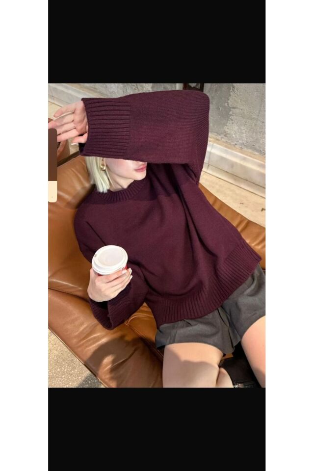 Bisiklet yaka oversize triko Pinterest geniş kesim kazak Bordo - L