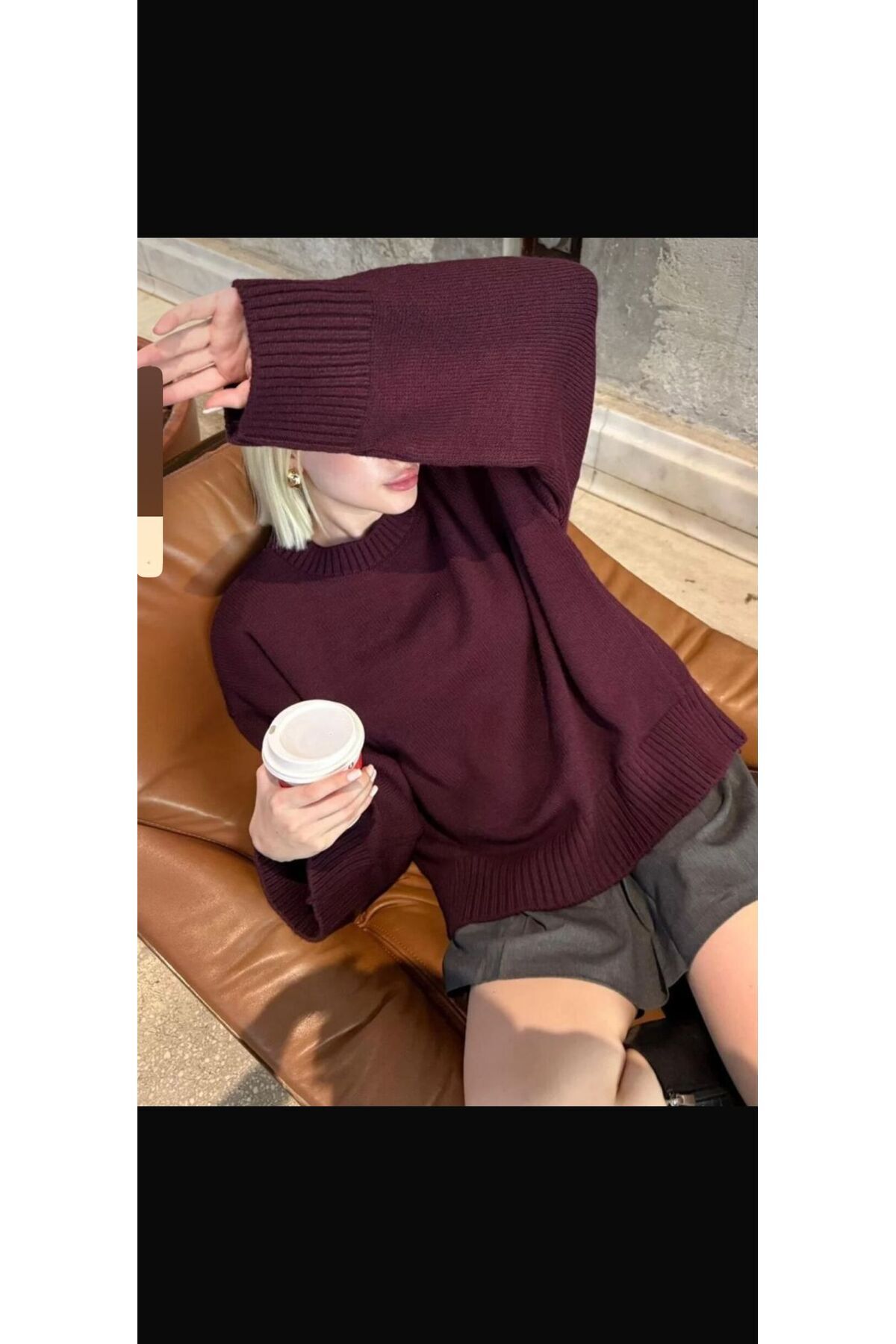 Bisiklet yaka oversize triko Pinterest geniş kesim kazak Bordo - S