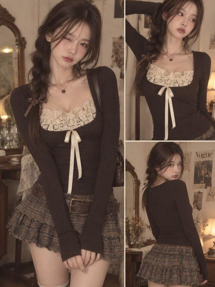Vintage Fairycore kahverengi örgü detaylı tam boy bluz