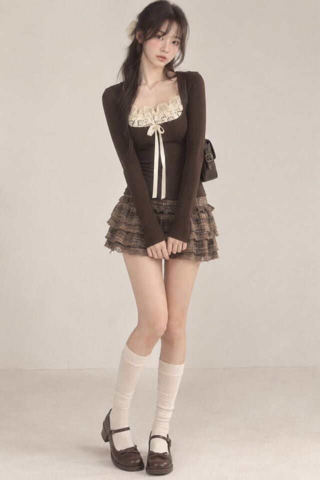Vintage Fairycore kahverengi örgü detaylı tam boy bluz