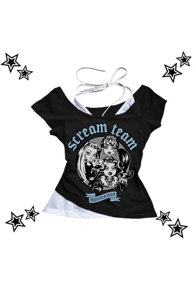 Siyah Gothic Scream Team Yaka Ek Askılı Kısa Kollu Full Body Crop Siyah - M