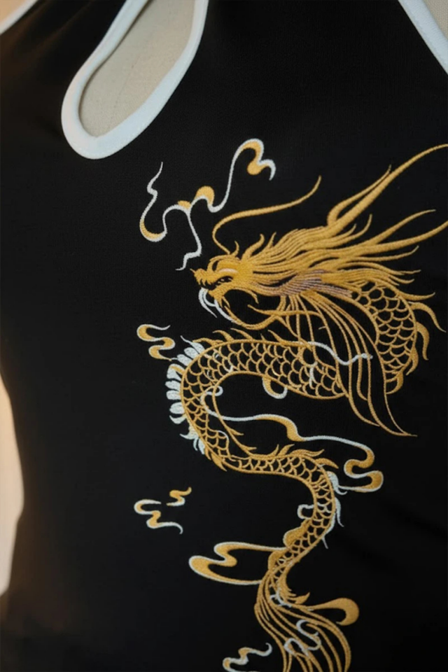 Siyah Dragon Embroidered Keyhole Harajuku Asian Chinese Collection Y2K Askılı Crop