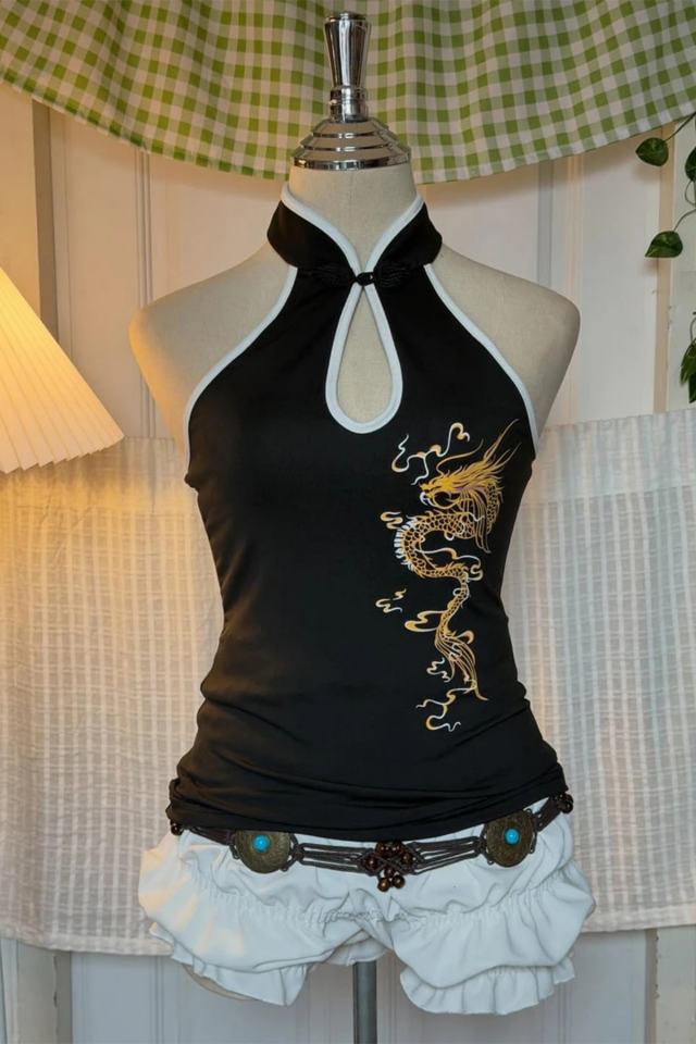 Siyah Dragon Embroidered Keyhole Harajuku Asian Chinese Collection Y2K Askılı Crop