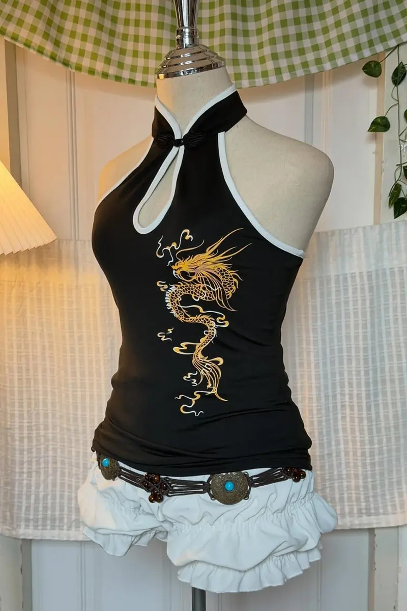 Siyah Dragon Embroidered Keyhole Harajuku Asian Chinese Collection Y2K Askılı Crop