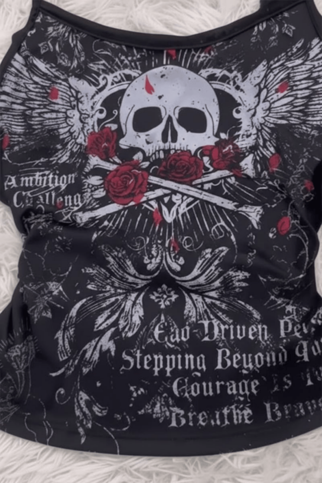 Bordo Skull Ambition Gotik Rose Y2K Askılı Crop M - Siyah