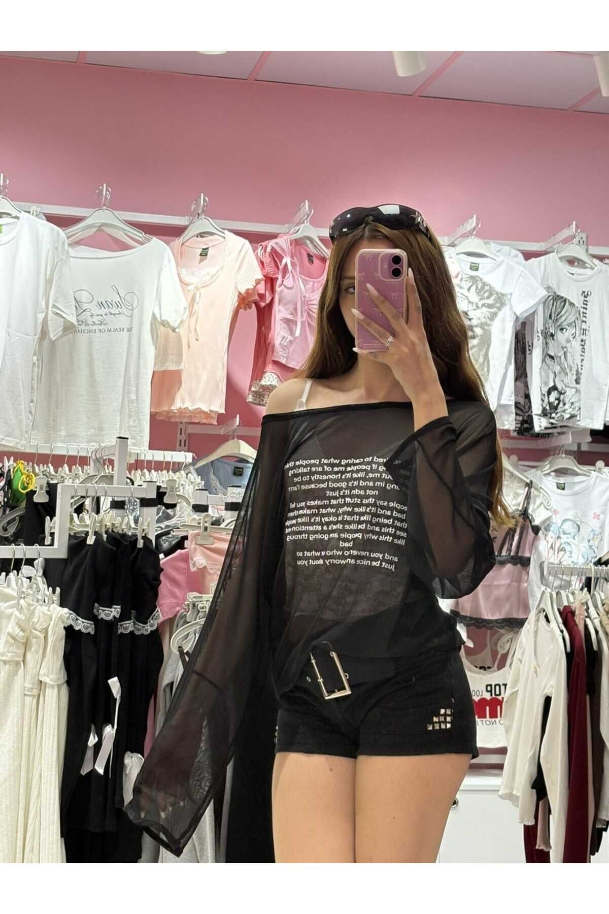 Salaş Transparan Düşük Omuzlu Baskılı Pinterest Uzun Kollu Tül Pareo Bluz Siyah - XL