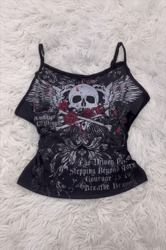 Bordo Skull Ambition Gotik Rose Y2K Askılı Crop L - Siyah