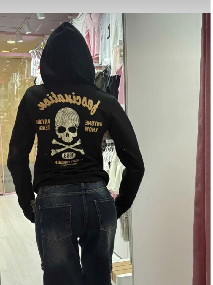 Siyah Fascination Skull Gotik Harajuku Y2K Kapşonlu Tam Boy Dar Hırka