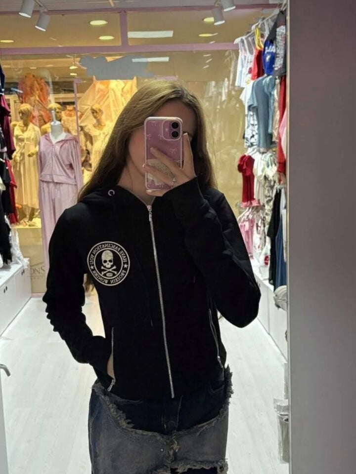 Siyah Fascination Skull Gotik Harajuku Y2K Kapşonlu Tam Boy Dar Hırka