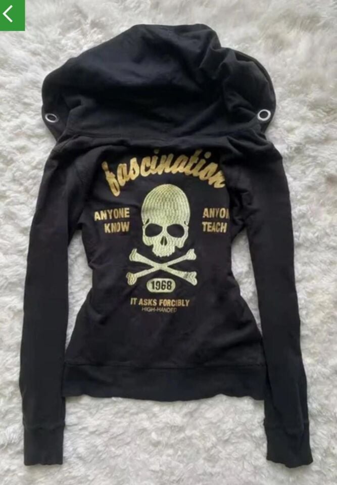 Siyah Fascination Skull Gotik Harajuku Y2K Kapşonlu Tam Boy Dar Hırka