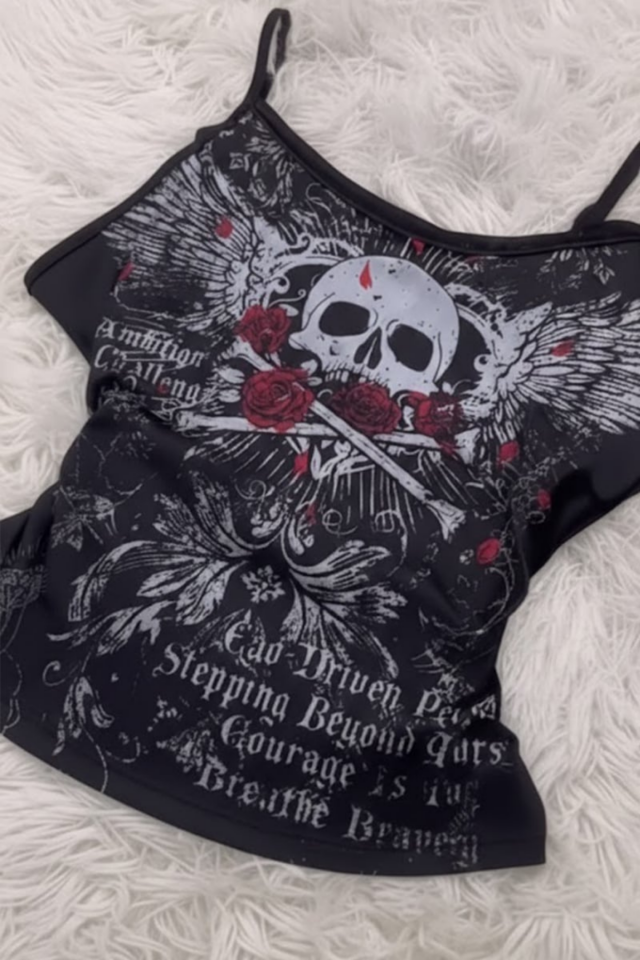 Bordo Skull Ambition Gotik Rose Y2K Askılı Crop XS - Siyah