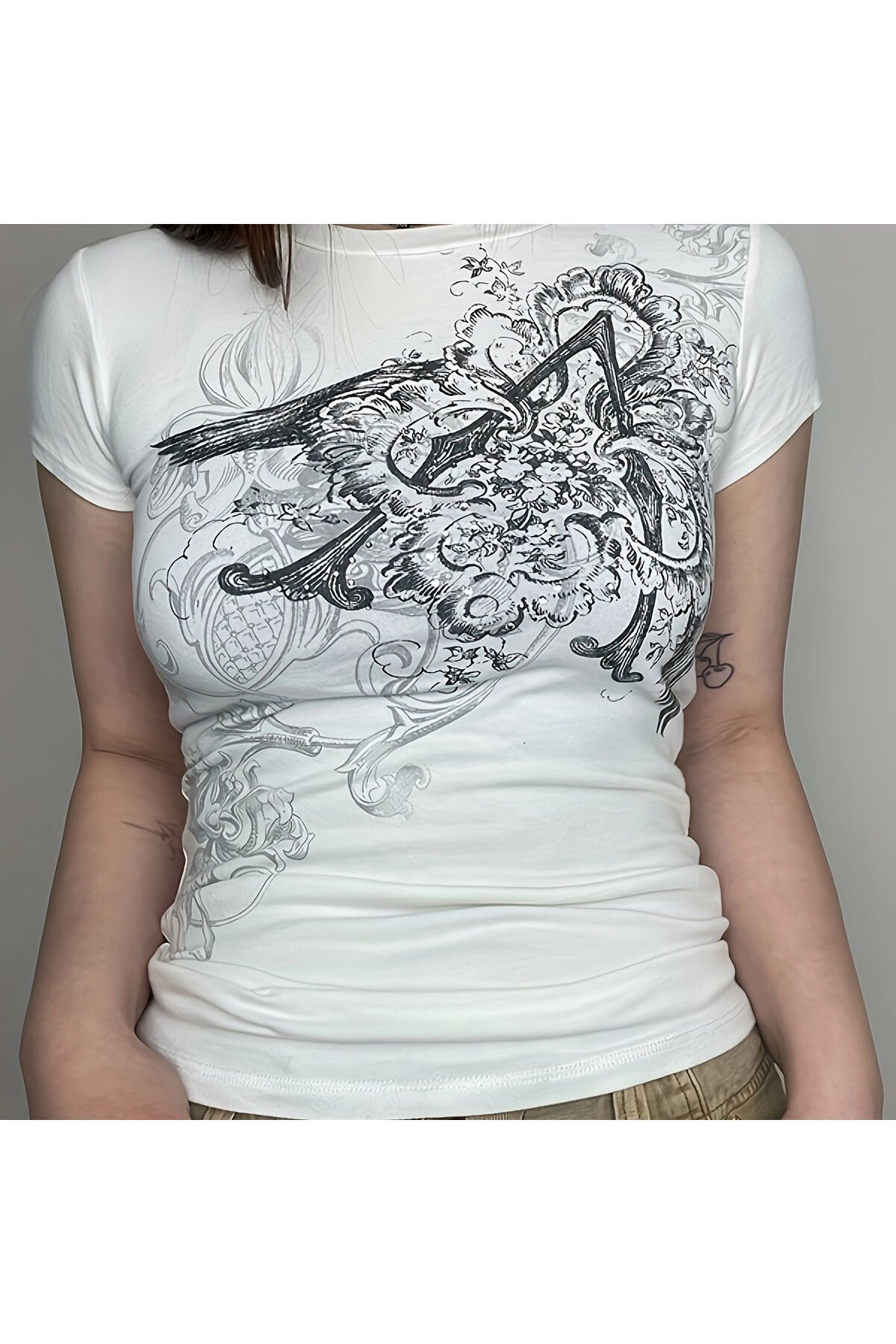 Punk Patterned Kısa Kollu Crop T-Shirt Beyaz - M