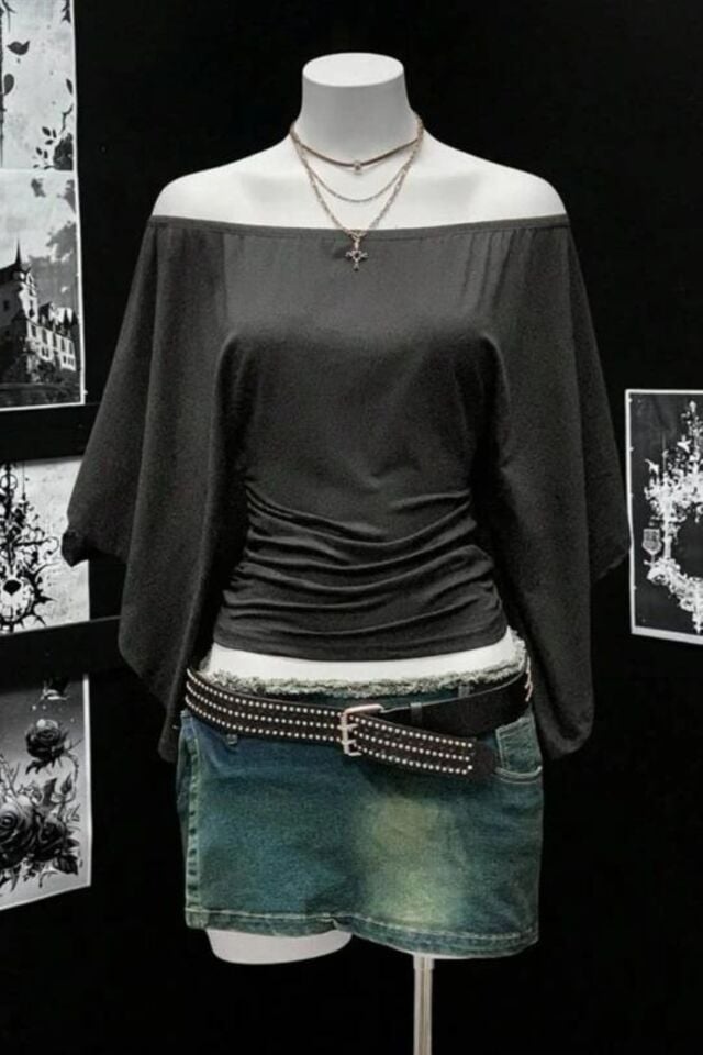 Yeşil Haki Madonna Yarasa Kol Düz Y2K Uzun Kollu Bluz