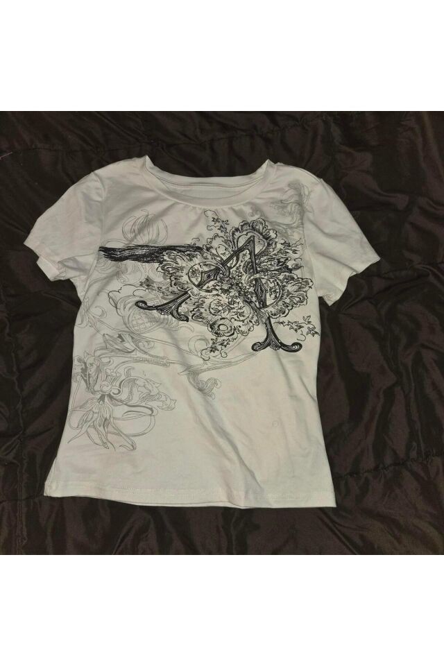 Punk Patterned Kısa Kollu Crop T-Shirt Beyaz - L