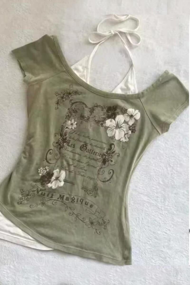 Haki Nuit Magique Madonna Yaka Ek Askılı Gotik Y2K Kısa Kollu Full Body Crop