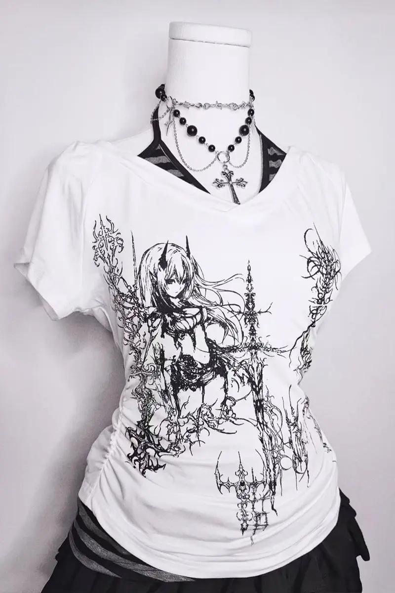Beyaz Anime Sword Tribal Gotik Ek Askılı Y2K Kısa Kollu Crop