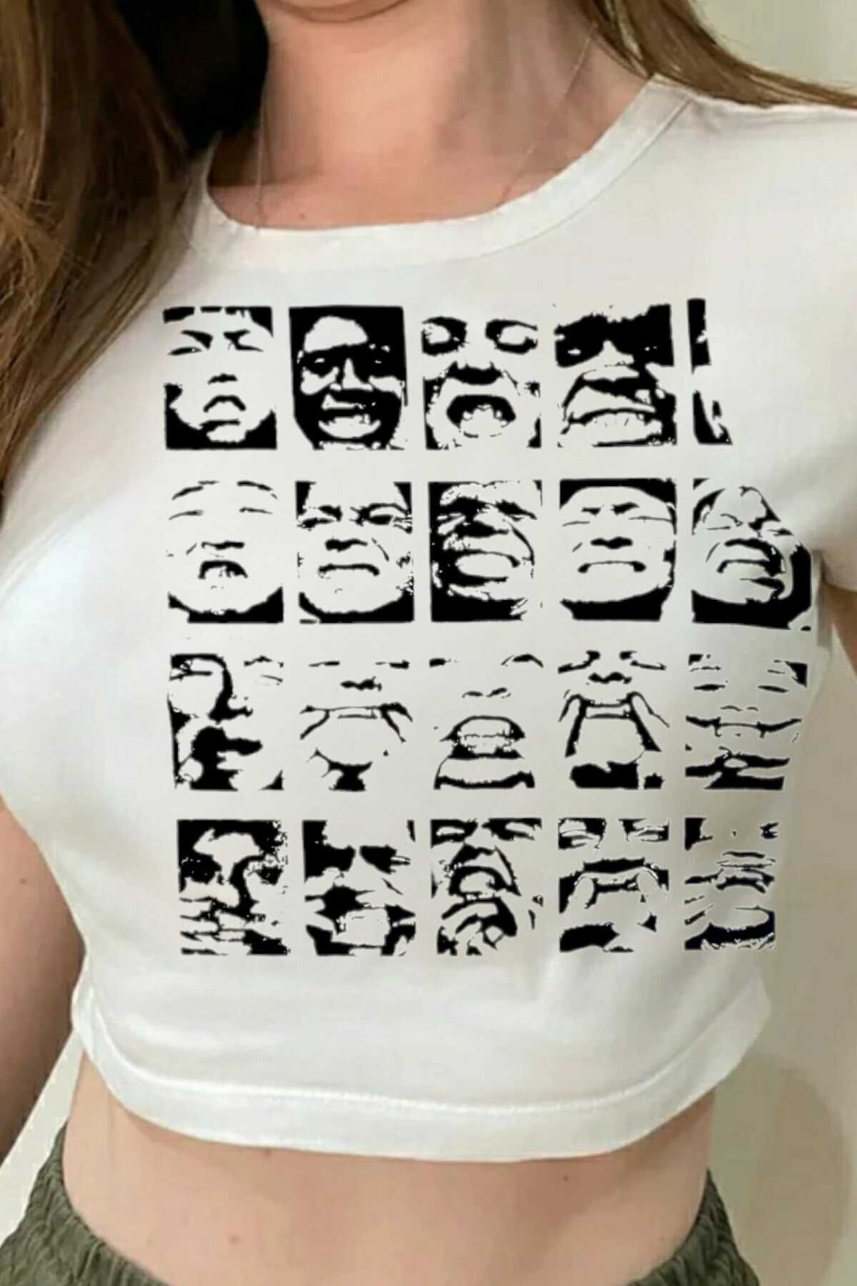 Harajuku Fashion Maniacal Faces Beyaz Yarım Crop T-Shirt Beyaz - XS