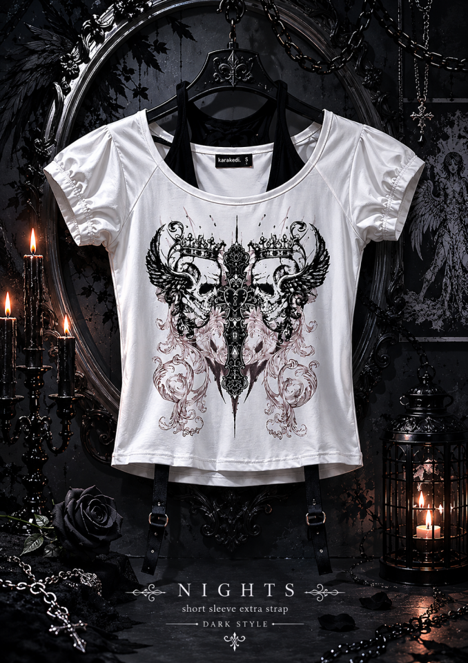 Gothic Skulls Cross Ekli Bağlamalı Kısa Kollu Bluz