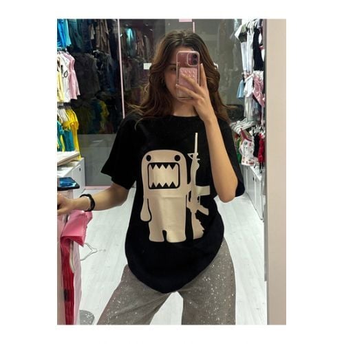 Domo Kun Y2K Oversize Basic Unisex Siyah T-Shirt