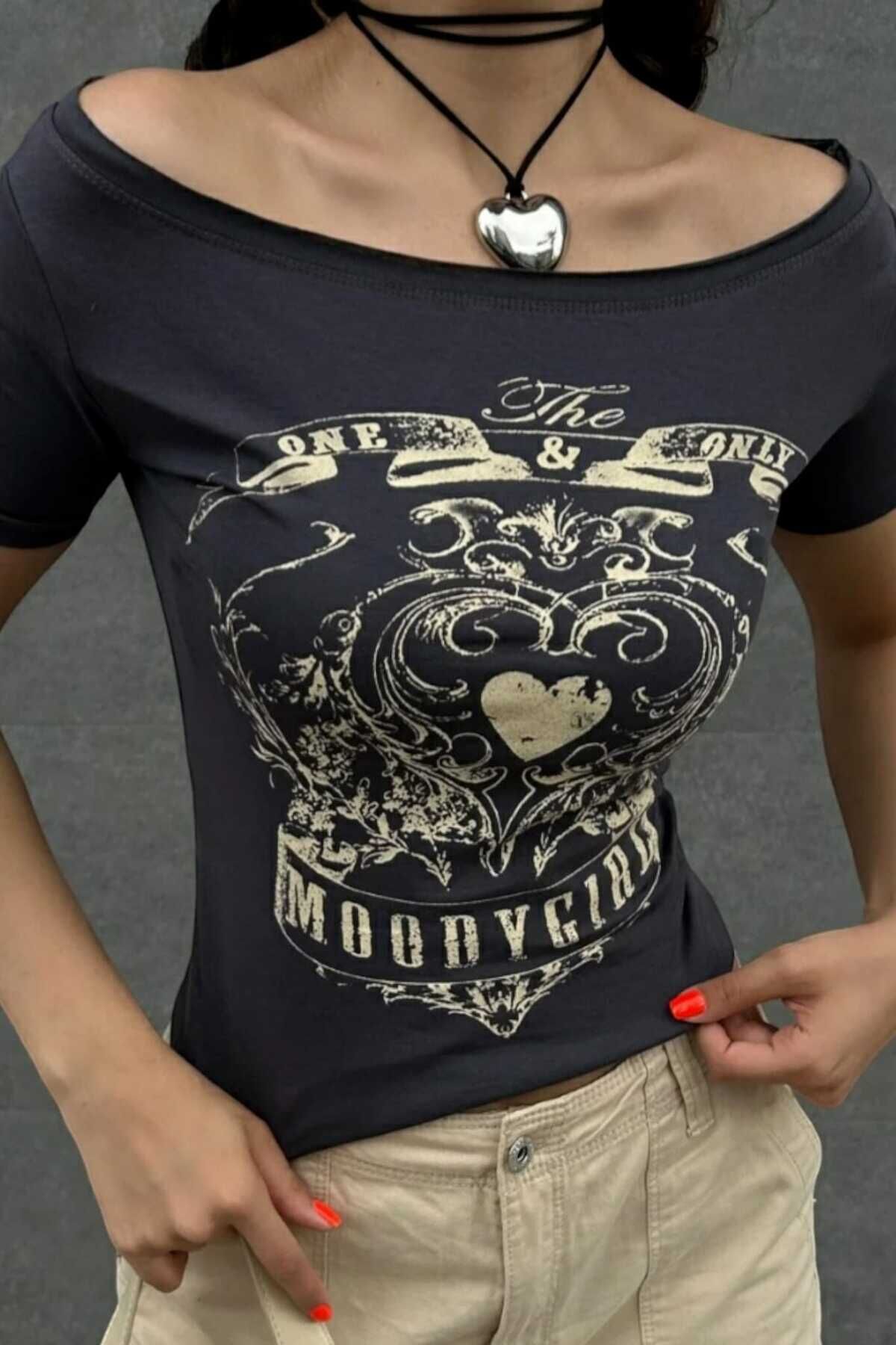 Füme Vintage MoodyGirl Omuz Açık Kısa Kollu Crop Gri - XS