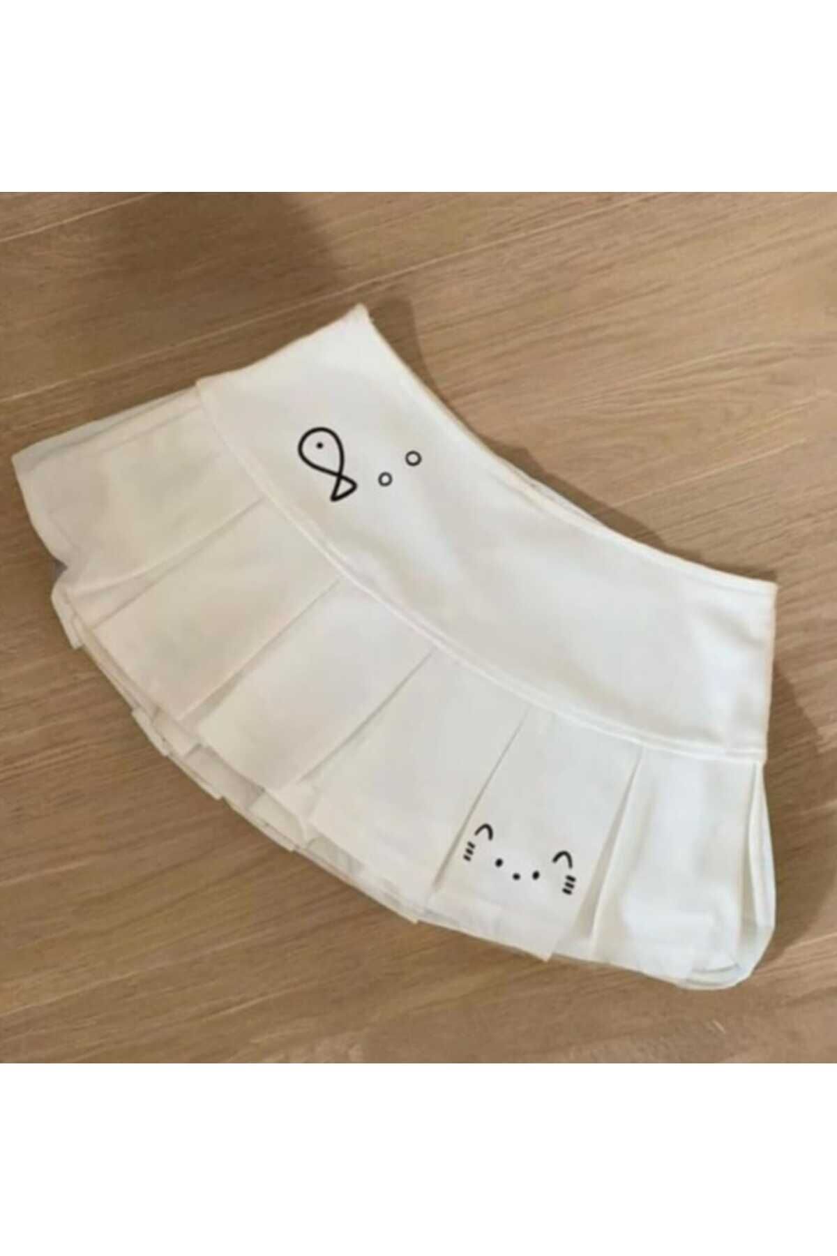 Pileli Fish And Cat Baskılı Mini Şort Etek Beyaz - L