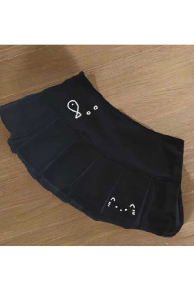 Pileli Fish And Cat Baskılı Mini Şort Etek Siyah - XL