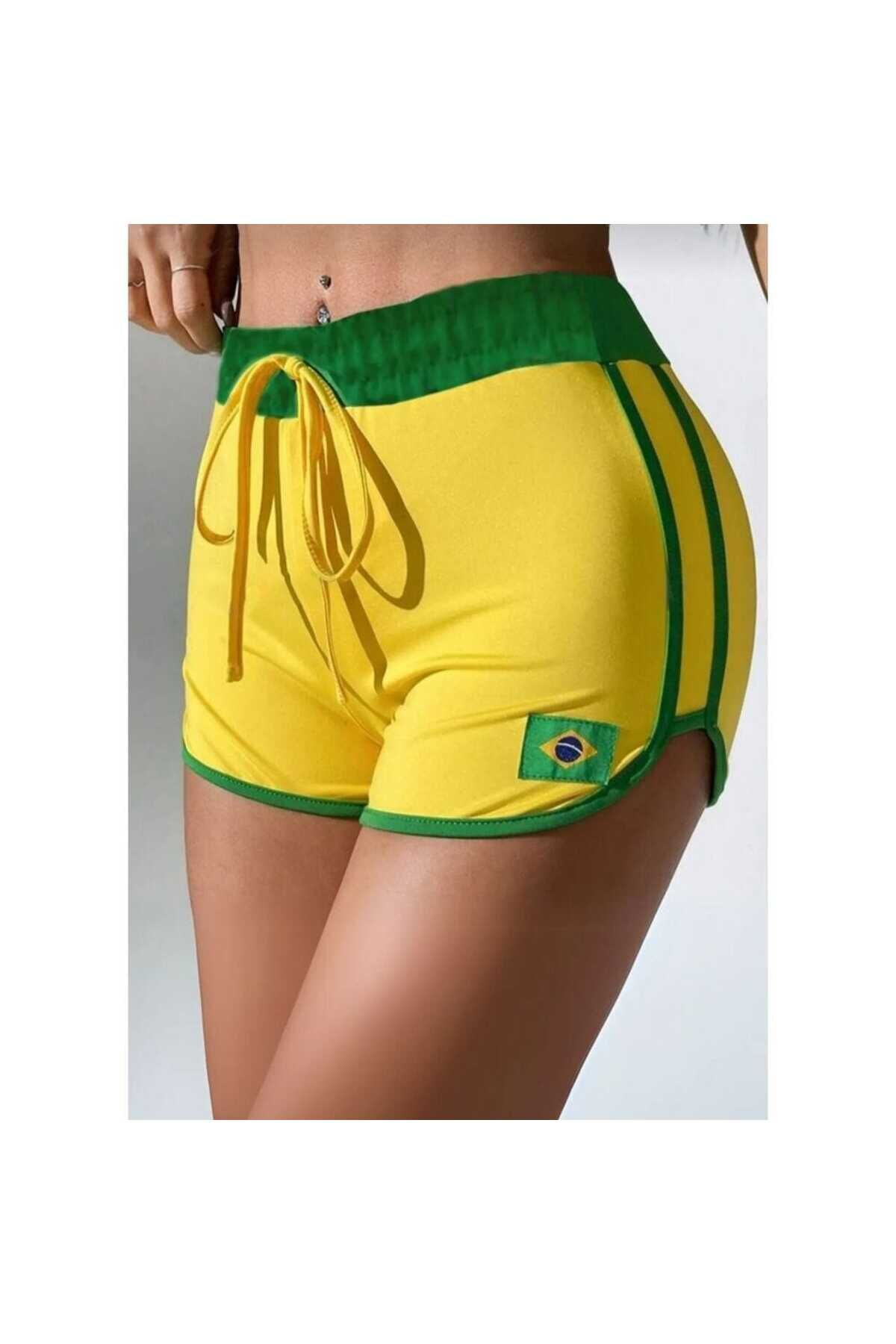 Vintage Brasil Şeritli Biyeli Kısa Şort Yeşil - L