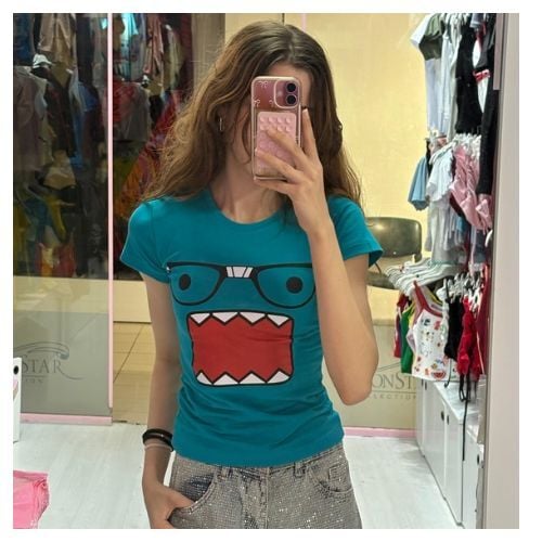 Mavi Domo Kun Harajuku Y2K Kısa Kol Bluz