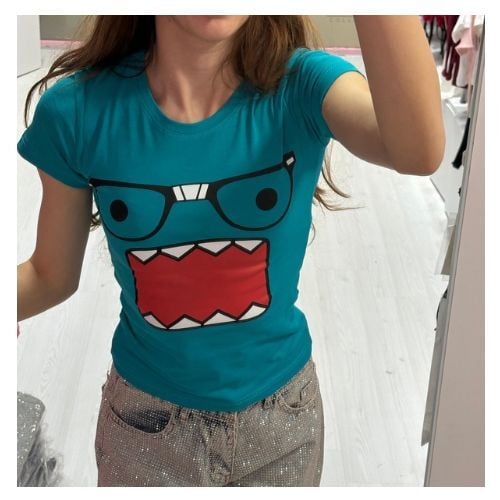 Mavi Domo Kun Harajuku Y2K Kısa Kol Bluz