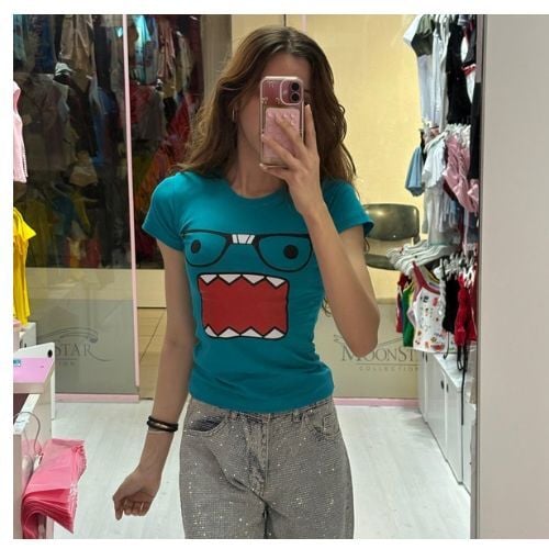 Mavi Domo Kun Harajuku Y2K Kısa Kol Bluz