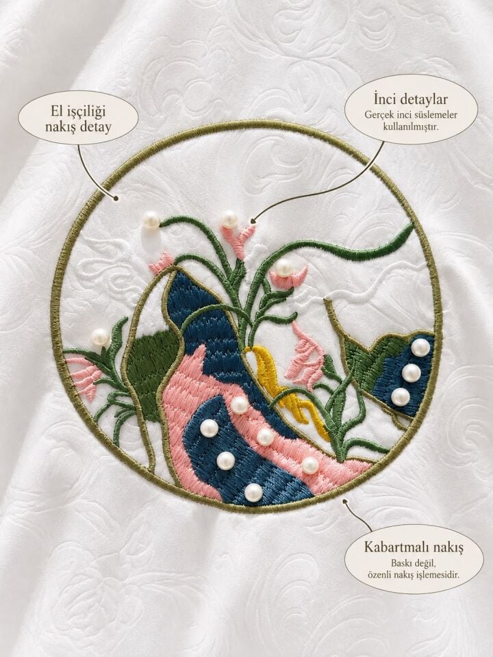 Beyaz Victorian Qipao Nakış Detaylı İnci İşlemeli Saten İspanyol Uzun Kollu Bluz