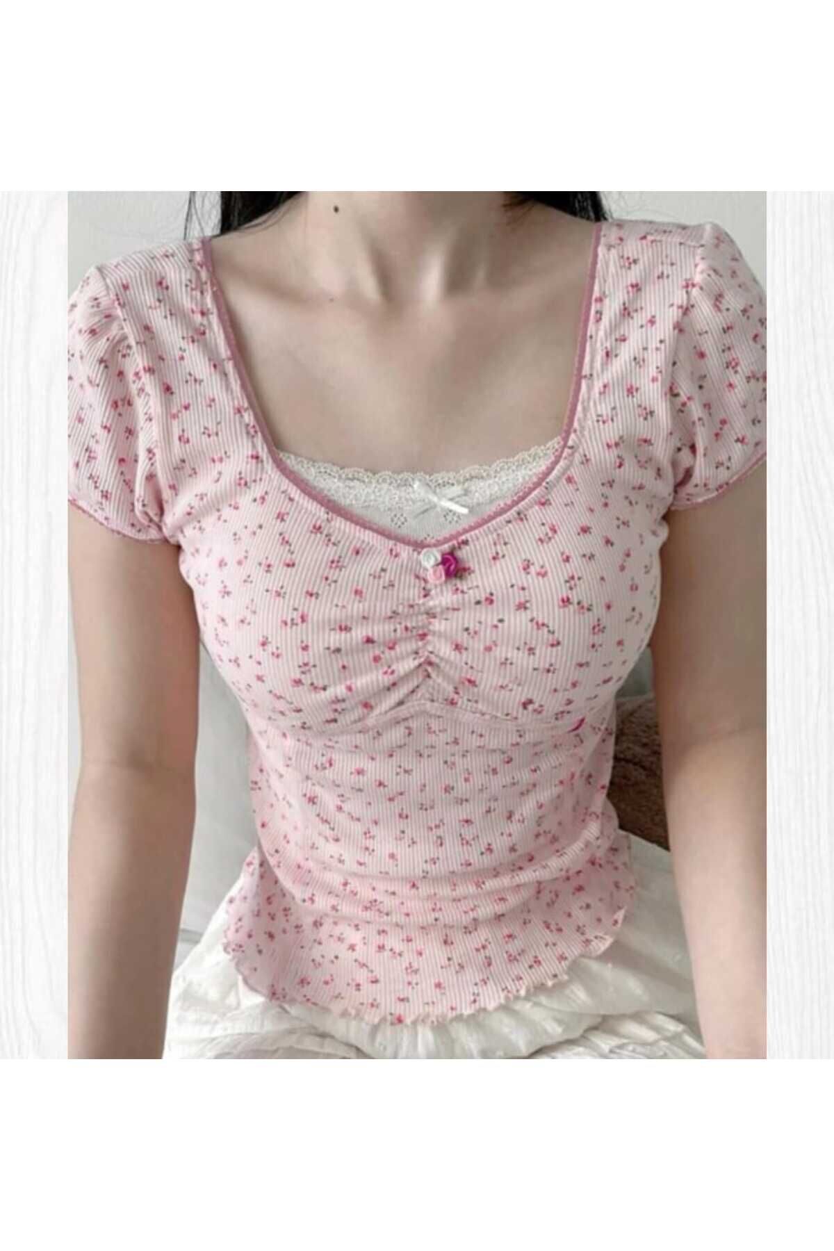 Büzgülü Çiçekli Desen Lolita Y2K Kısa Kollu Tam Boy Crop Pembe - XS