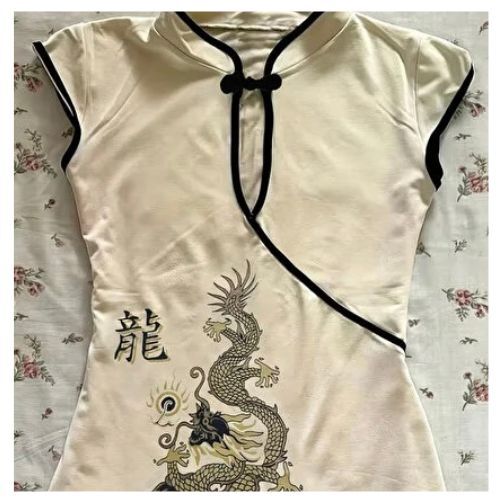 Siyah Mandarin Yaka Ejderha Motifli Vintage Qipao Y2K Kısa Kollu Crop
