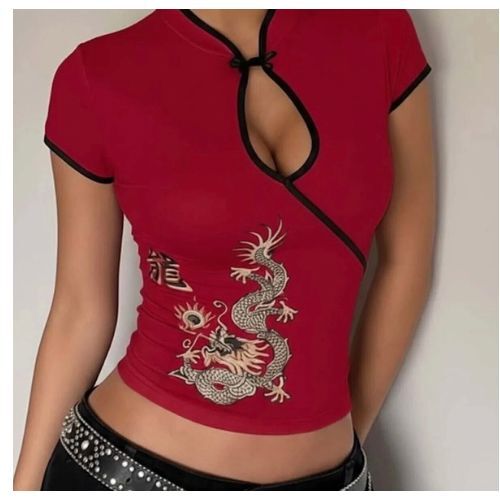 Siyah Mandarin Yaka Ejderha Motifli Vintage Qipao Y2K Kısa Kollu Crop