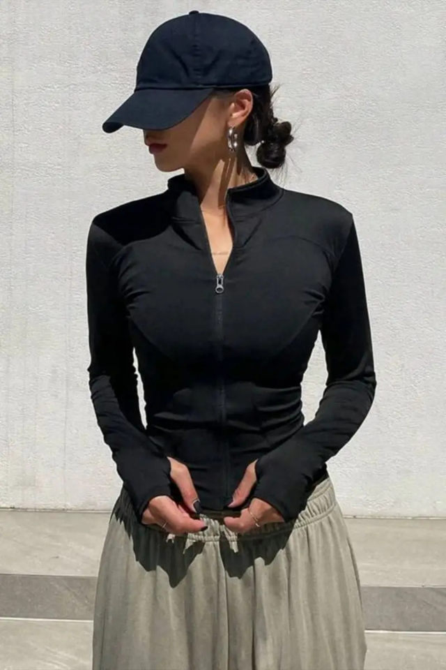 Siyah Cepli Mom Parmak Delikli Basic Slim Fit Range Rover Street Y2K Crop Hırka