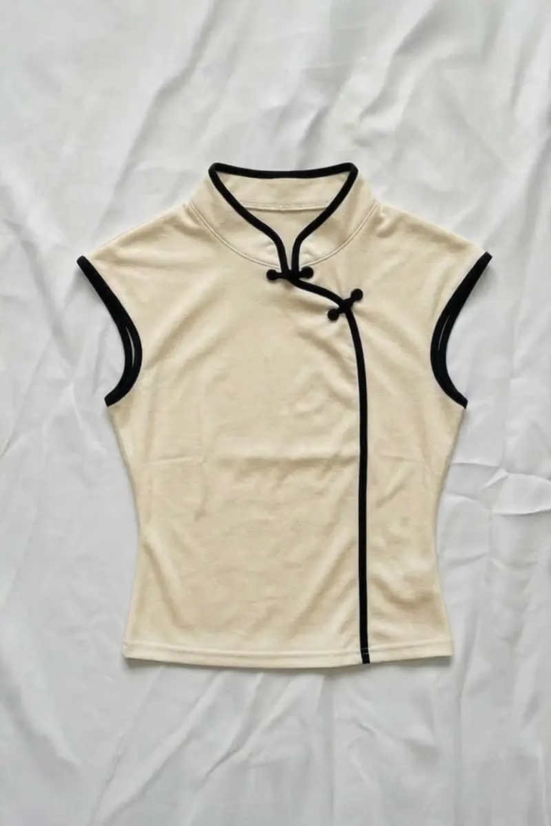 Ekru Mandarin Yaka Siyah Şeritli Qipao Y2K Kısa Kollu Crop