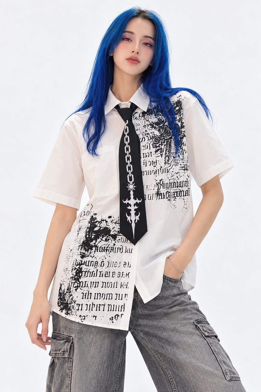 Beyaz Skull Gotik Siyah Zincir Baskılı Kravatlı Grunge Y2K Unisex Gömlek