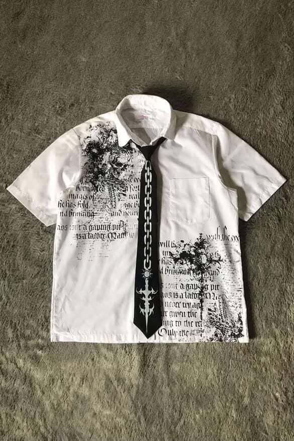 Beyaz Skull Gotik Siyah Zincir Baskılı Kravatlı Grunge Y2K Unisex Gömlek