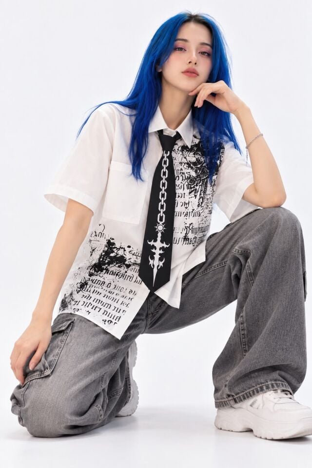 Beyaz Skull Gotik Siyah Zincir Baskılı Kravatlı Grunge Y2K Unisex Gömlek