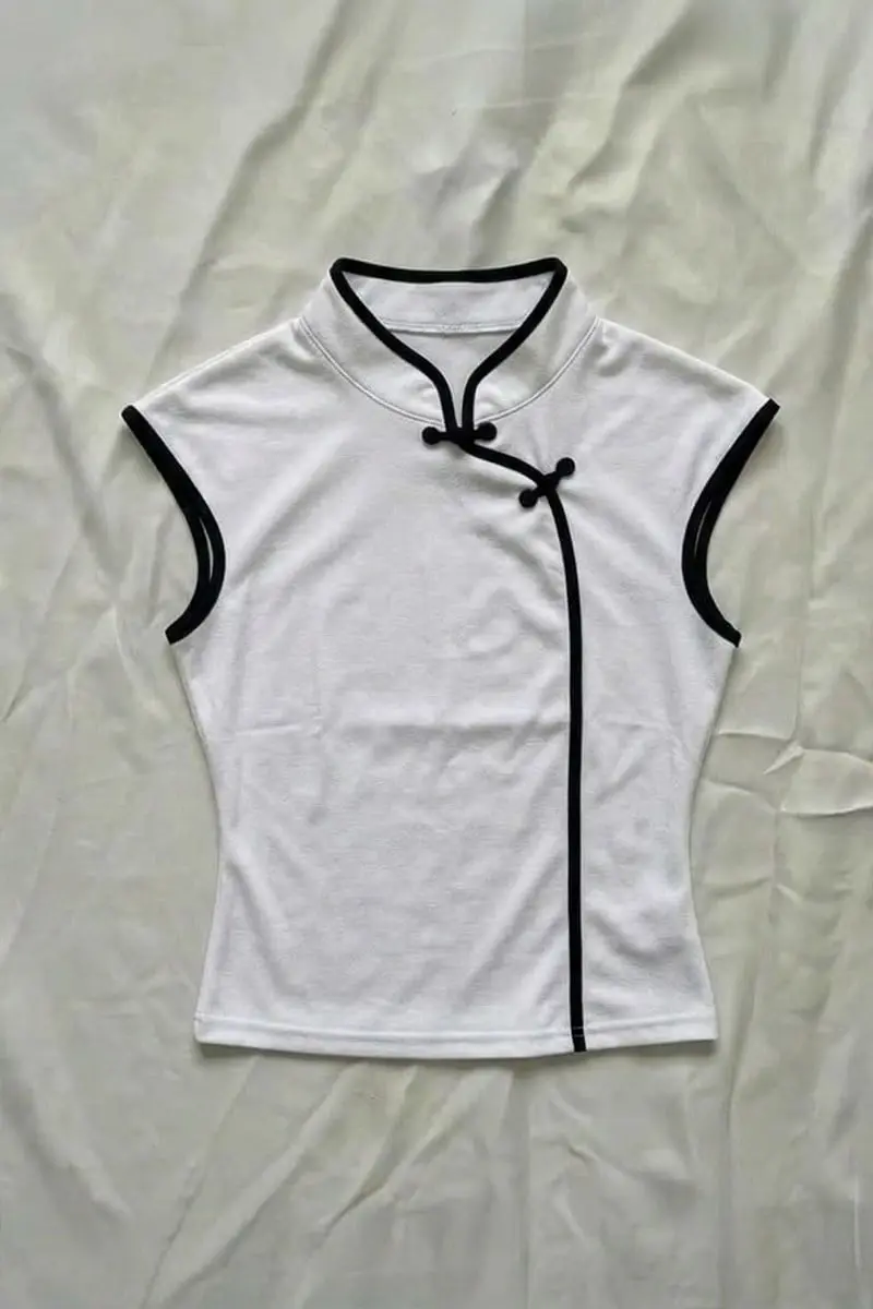 Beyaz Mandarin Yaka Siyah Şeritli Qipao Y2K Kısa Kollu Crop