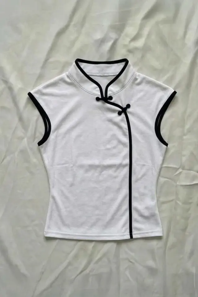 Beyaz Mandarin Yaka Siyah Şeritli Qipao Y2K Kısa Kollu Crop