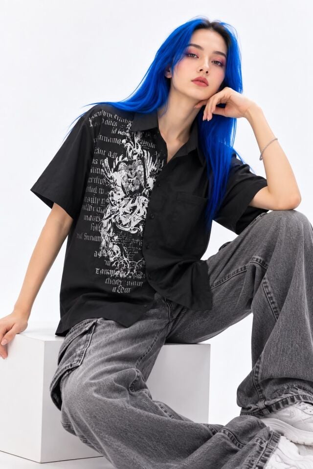 Siyah Grunge Tipografik Y2K Gotik Unisex Gömlek