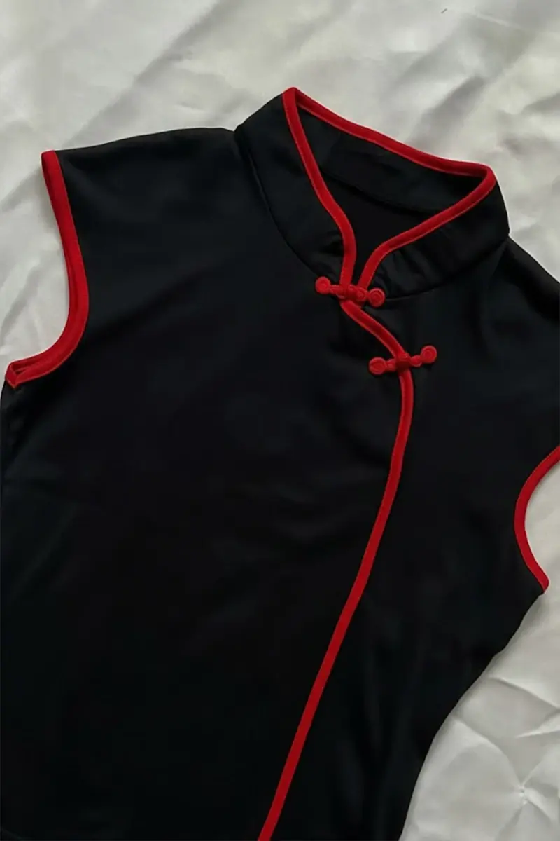 Siyah Mandarin Yaka Kırmızı Şeritli Qipao Y2K Kısa Kollu Crop